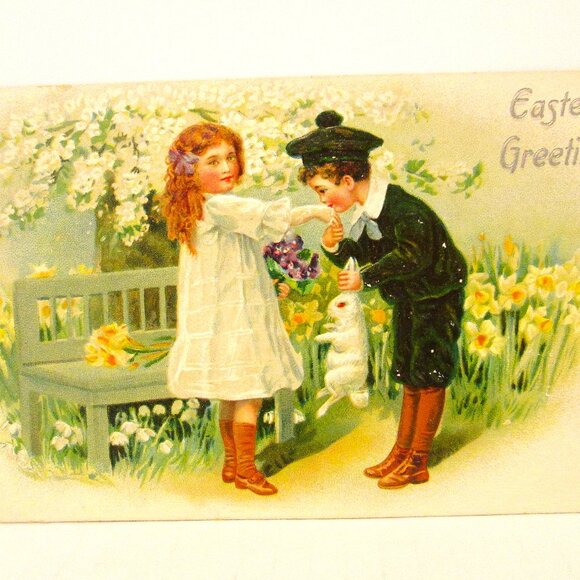 Antq Easter postcard of a young man kissing a little girls's hand - Picture 2 of 6